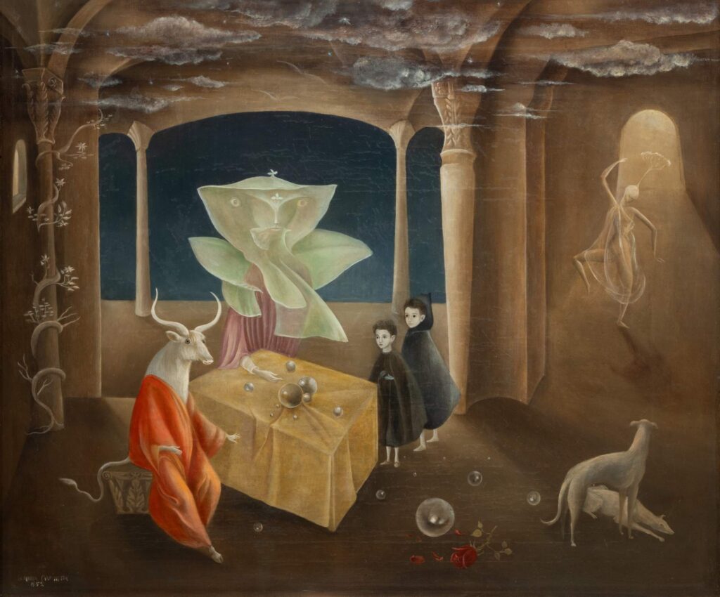 A painting from Leonora Carrington exploring surrealism. It is called "And Then We Saw the Daughter of the Minotaur"