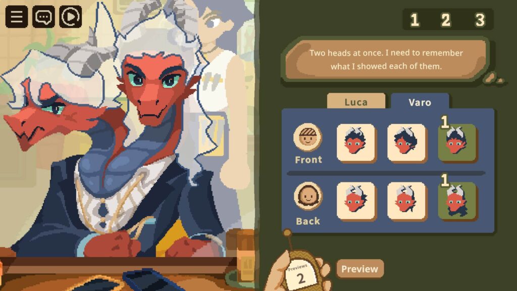 A screenshot from Beastfolk Barber. A fancy two headed dragon is ready to get a haircut.