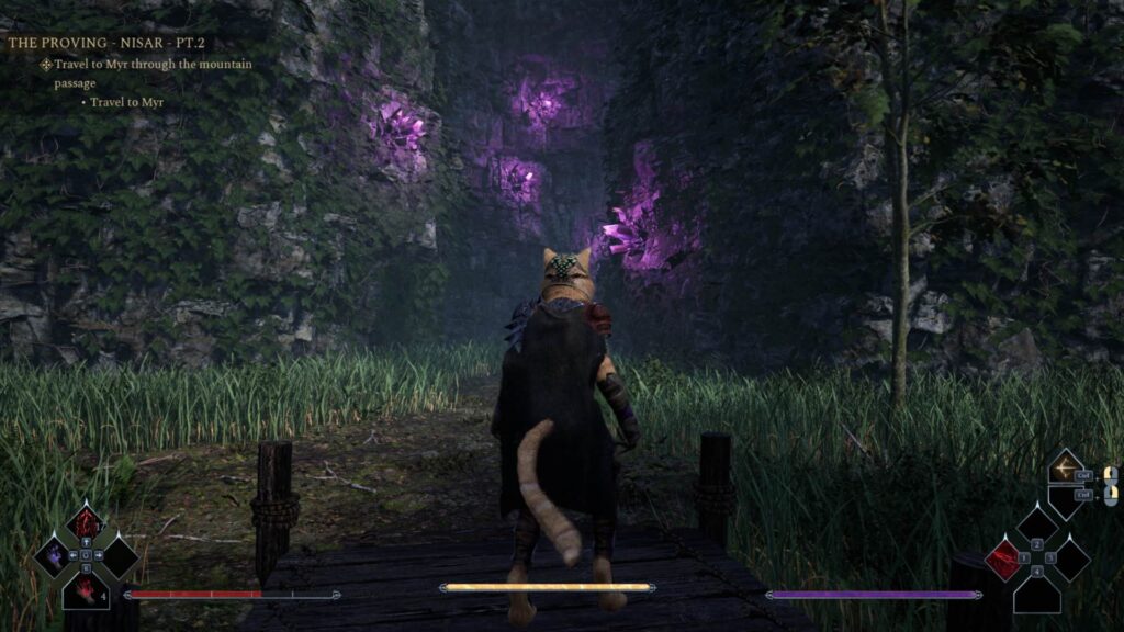 A screenshot from Kristala. My character is in front of glowing crystals in a cave.