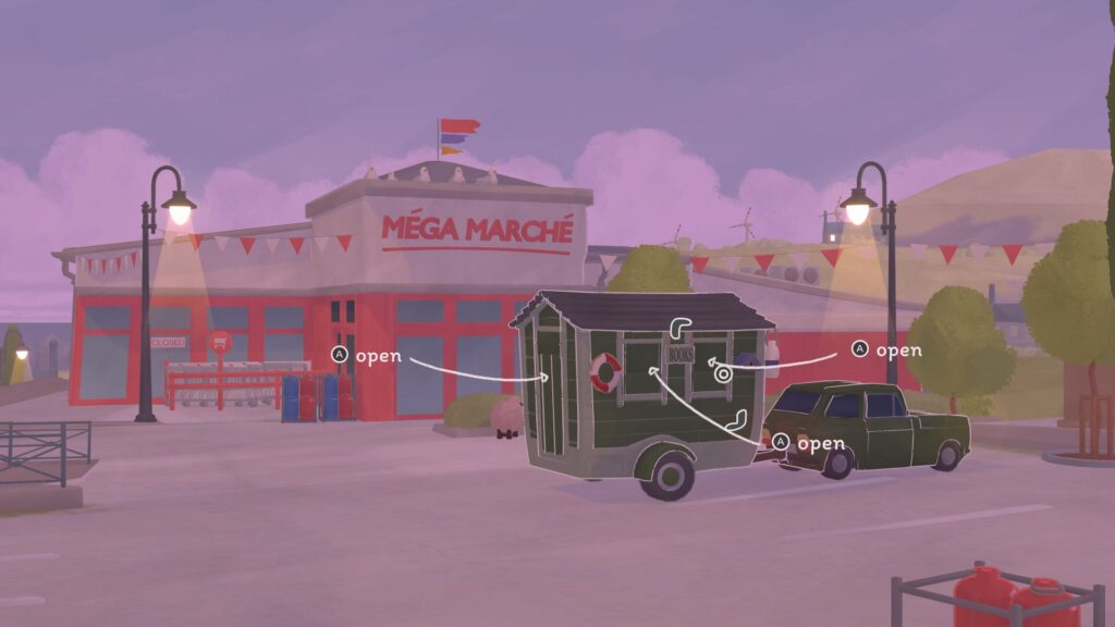 A screenshot from Tiny Bookshop showing the shop at a parking lot.