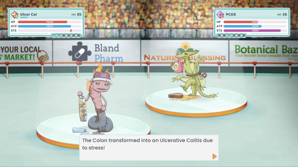 A screenshot from Medimon. Monsters based on medical terms are fighting.