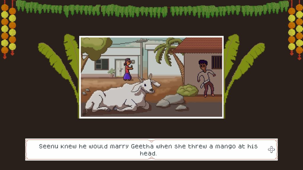 A screenshot from Palm Sugar: A Village Story. A narrator is introducing the love story.