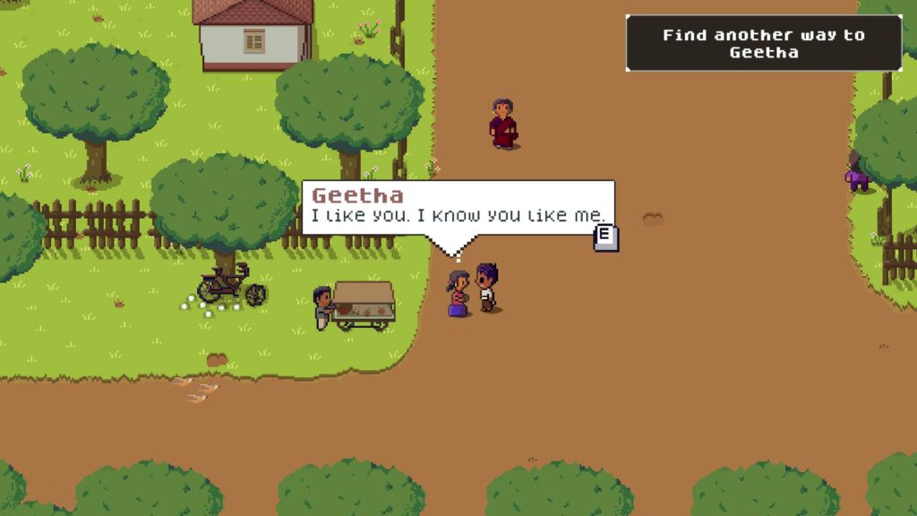 A screenshot from the game. Geetha knows what's up.