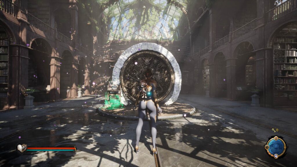 A screenshot from Aera In The Ink Realm. A voluptuous woman is standing in front of a portal.