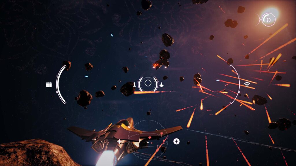 A Rogue Eclipse screenshot, a spaceship is fighting other ships in space