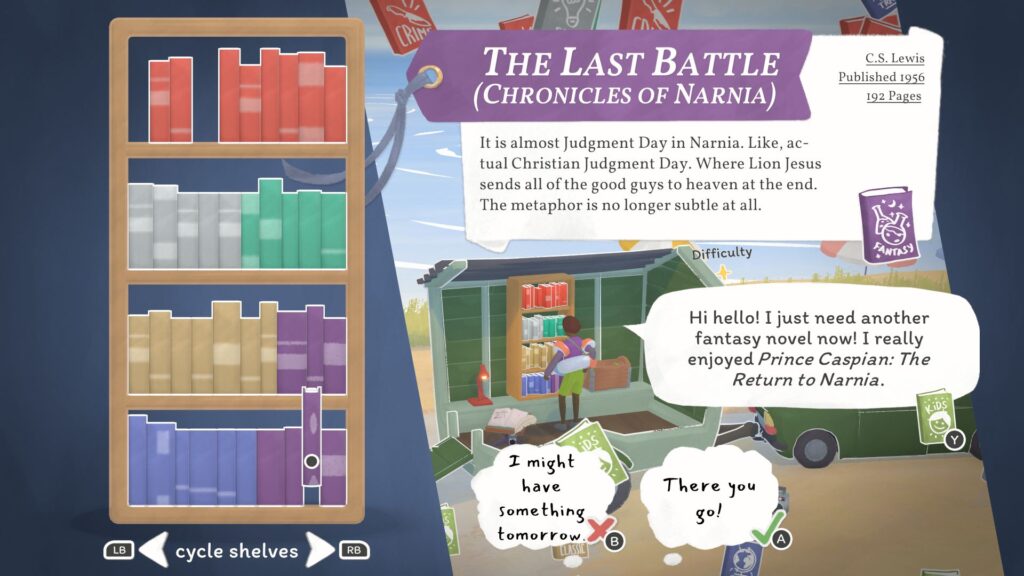 A screenshot from Tiny Bookshop. It shows the User Interface of a the shopkeeper recommending The Last Battle from The Chronicles of Narnia.