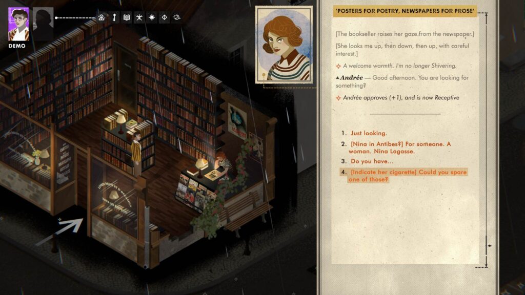 A screenshot from Traveling At Night for the demo roundup. It uses similar UI to Disco Elysium.