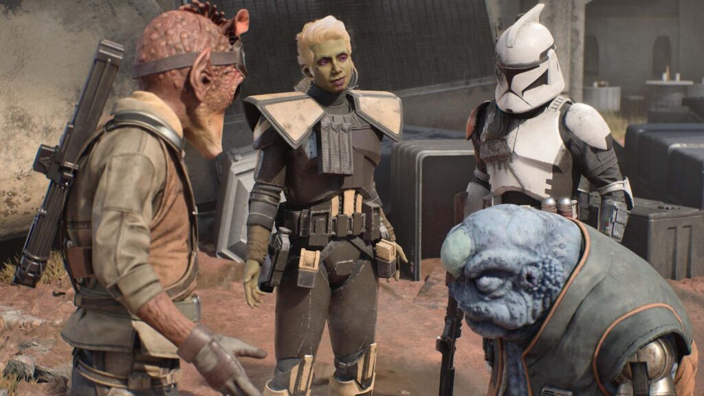 A screenshot from Star Wars Zero Company. The crew is talking.