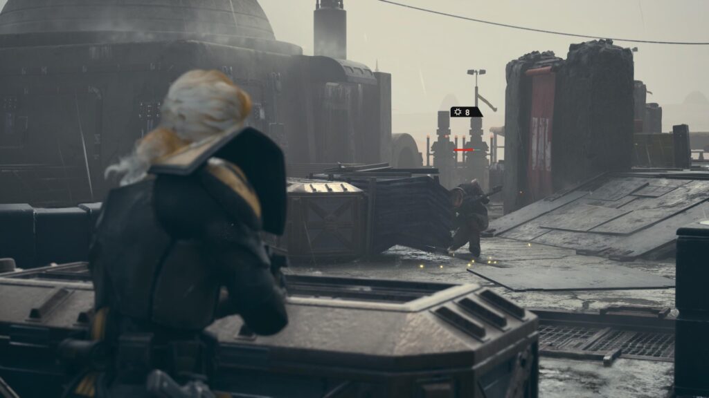A screenshot from the game. Hawks is shooting.