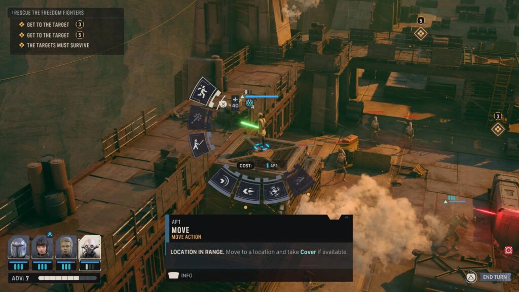 A screenshot from Star Wars Zero Company. The Padawan is fighting from an isometric perspective.
