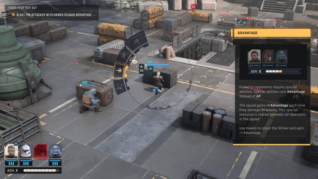 A screenshot from Star Wars Zero Company. It's the radial menu.