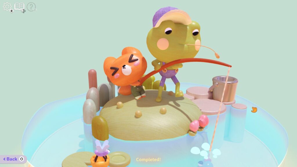 A screenshot from the game. Foxy and Ben are fishing.