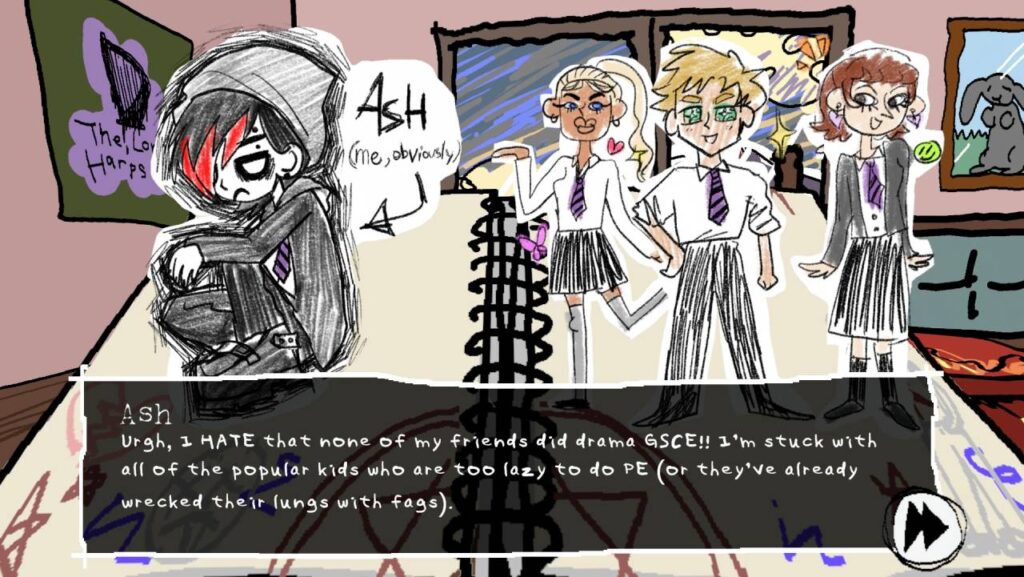 A screenshot from I Write Games Not Tragedies, part of the Fall In Love Visual Novel Festival.