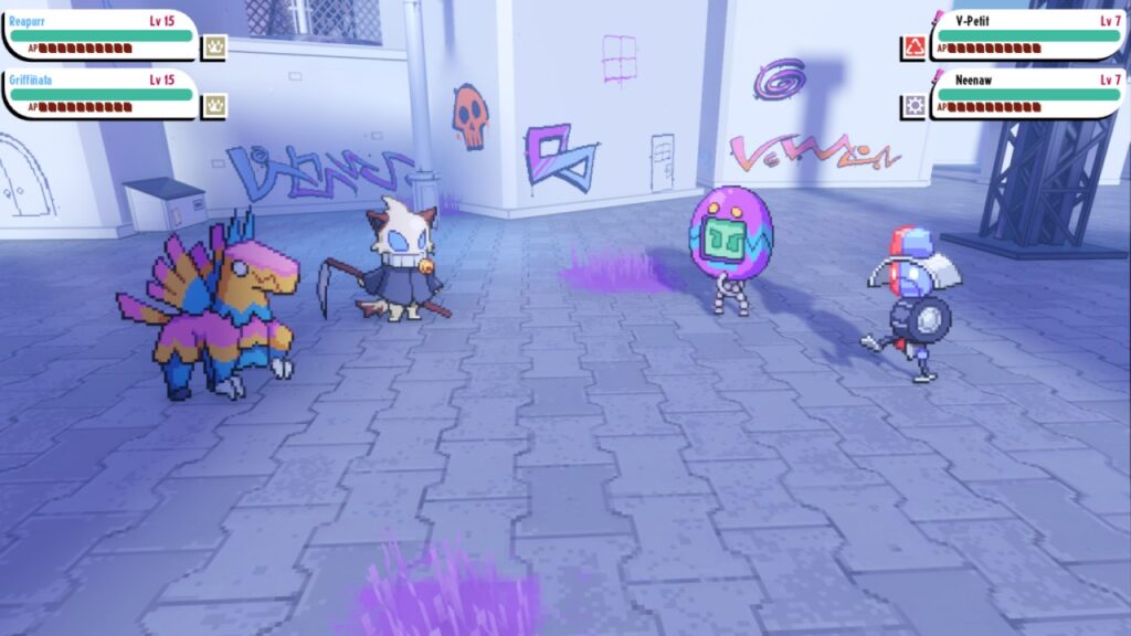 An image from Cassette Beasts 2002. They're fighting.
