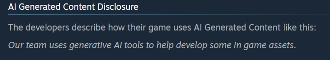An AI content disclosure from Steam