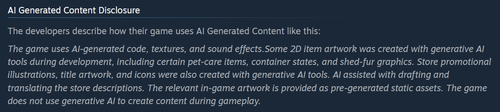 An AI content disclosure from Steam