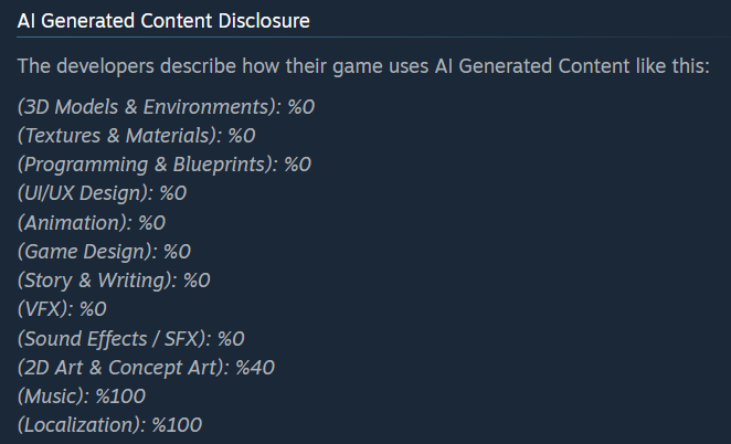 An AI content disclosure from Steam