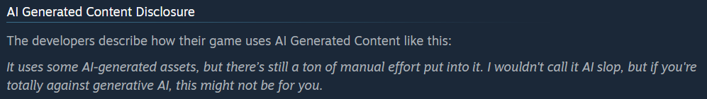 An AI content disclosure from Steam