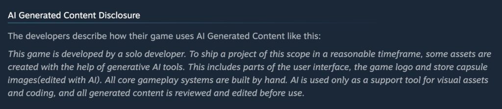 An AI content disclosure from Steam